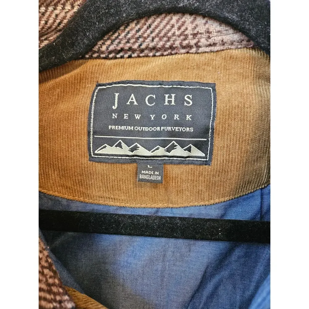 Jachs New York Mens Large Plaid Shirt Jacket Brown Wool Blend Button Front Lined